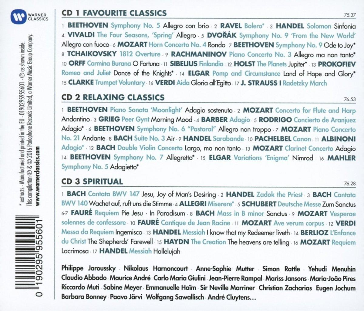 CD-Cover mit Klassik-Musik-Trackliste. Es hat das Warner Classics-Logo. Der Hintergrund ist weiß.