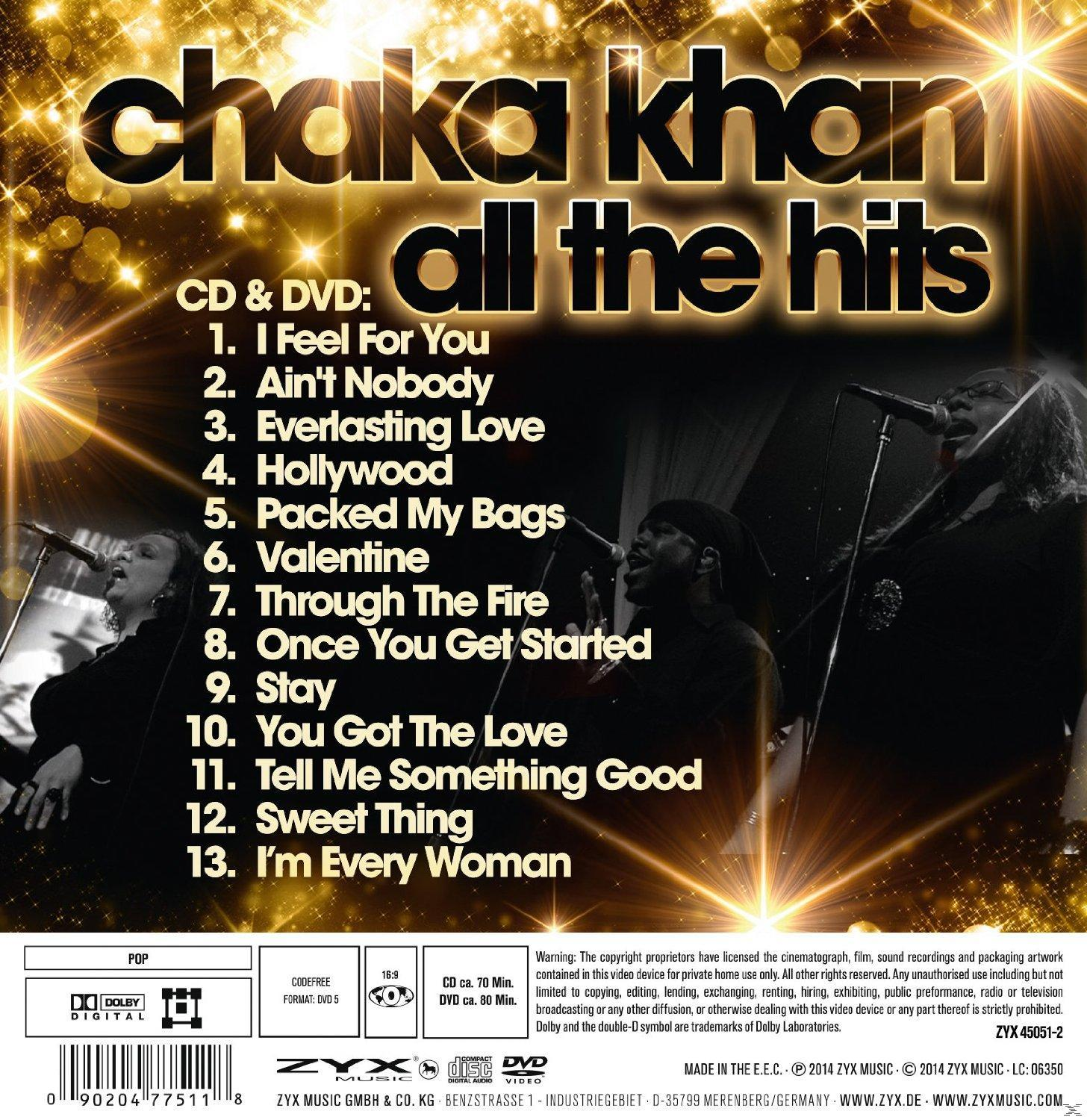Chaka Khan 'All the Hits' című CD-jének és DVD-jének borítója, a számok listájával.