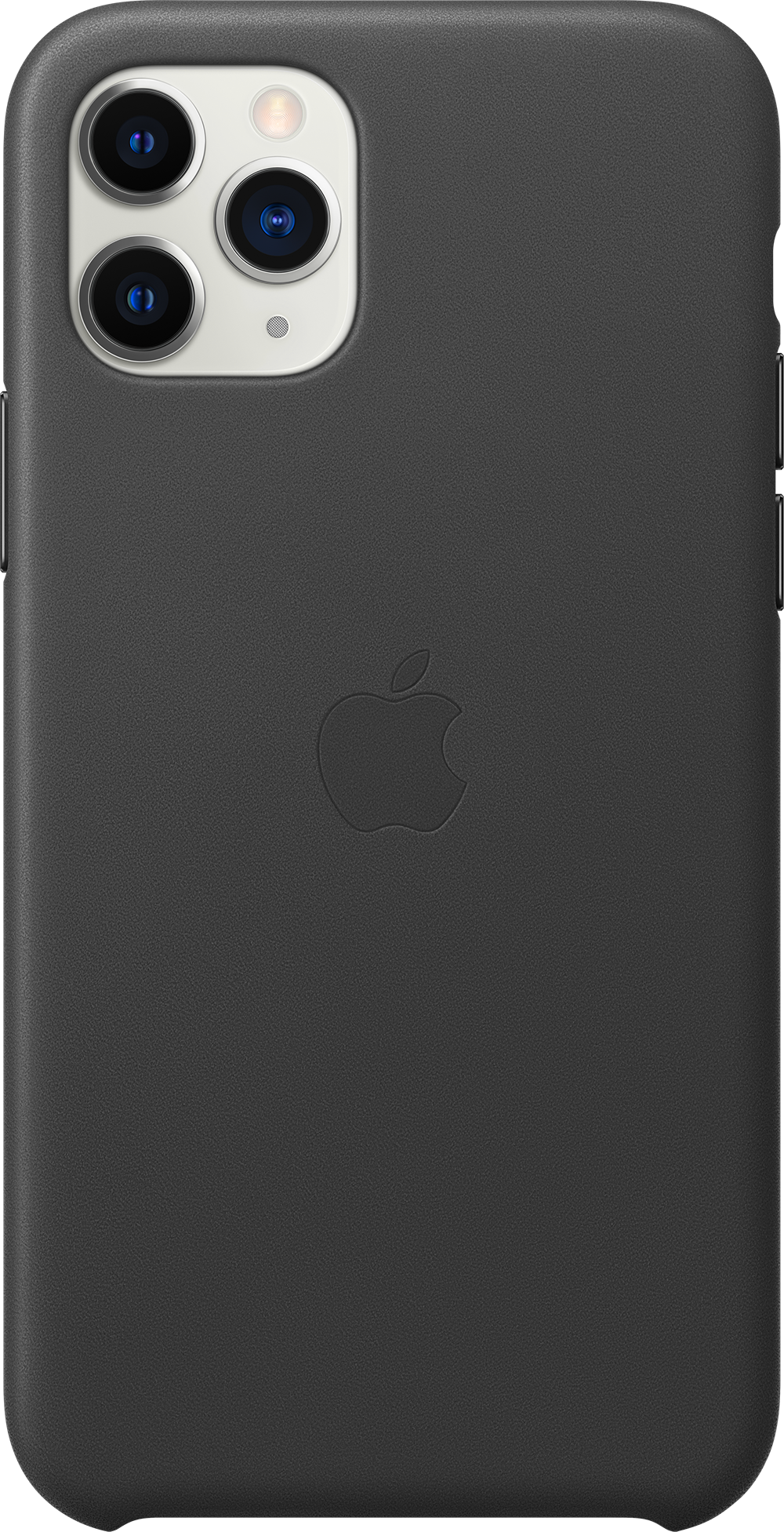 Zwarte iPhone 11 Pro met een zwarte leren hoes. Apple logo in het midden.