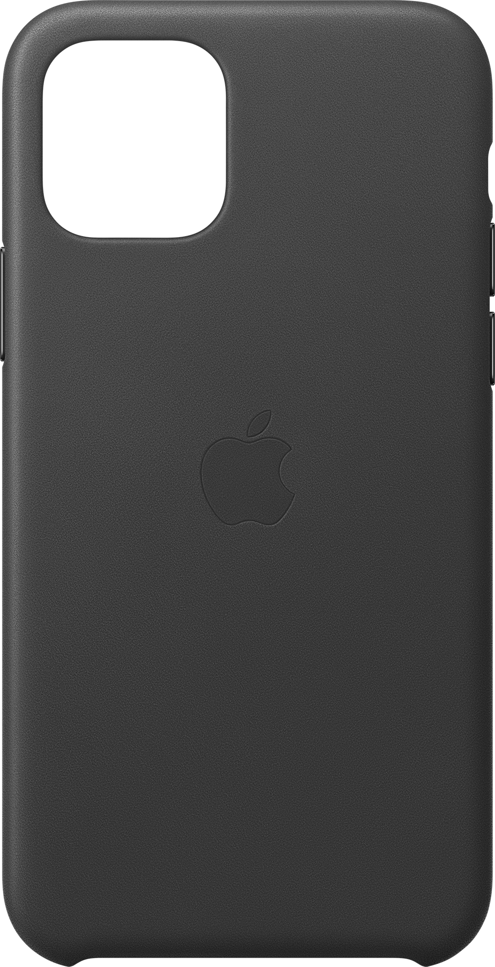 Zwarte leren telefoonhoes met het Apple-logo op de achterkant.