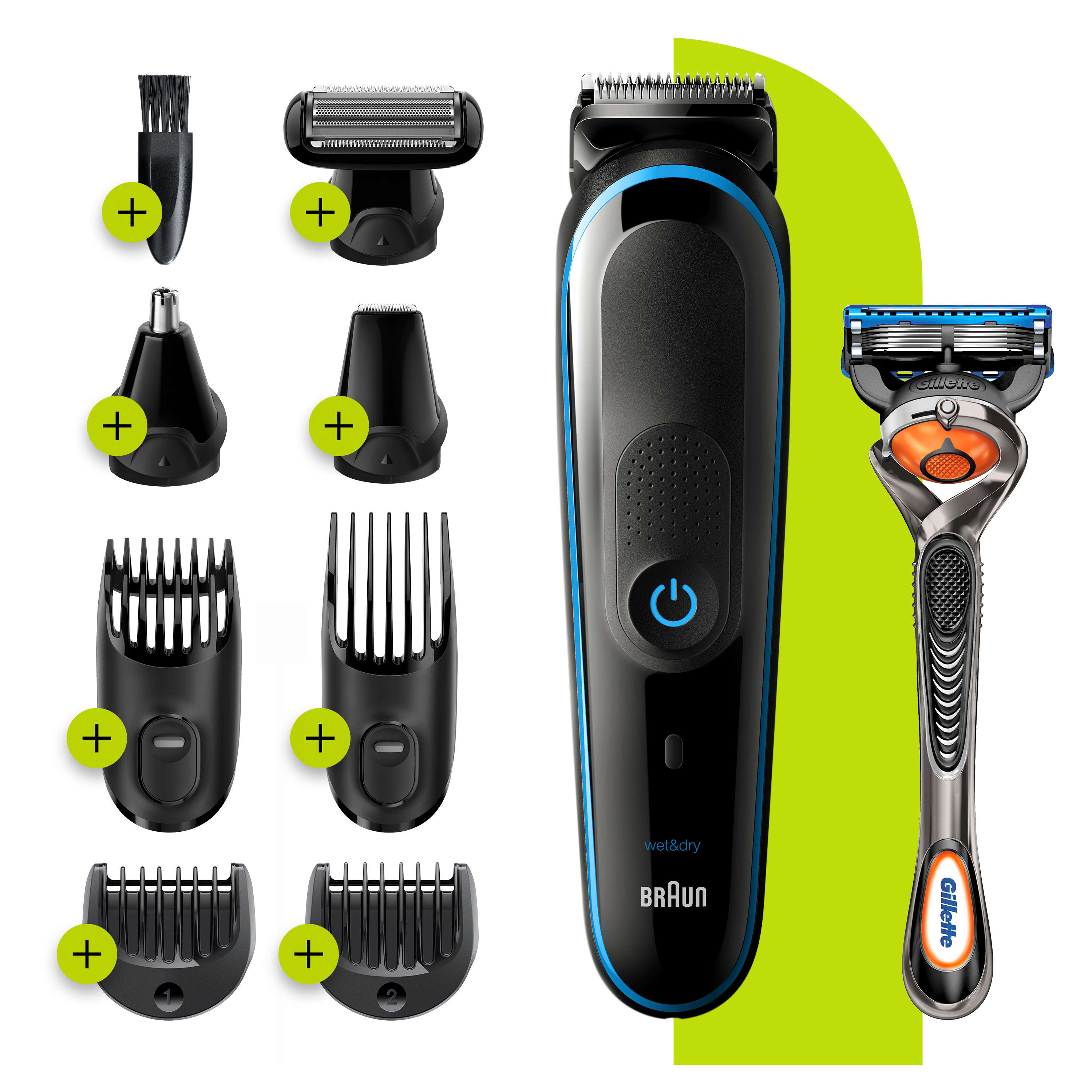 Ein Braun Wet & Dry Rasierer mit verschiedenen Aufsätzen und ein Gillette Rasierer.
