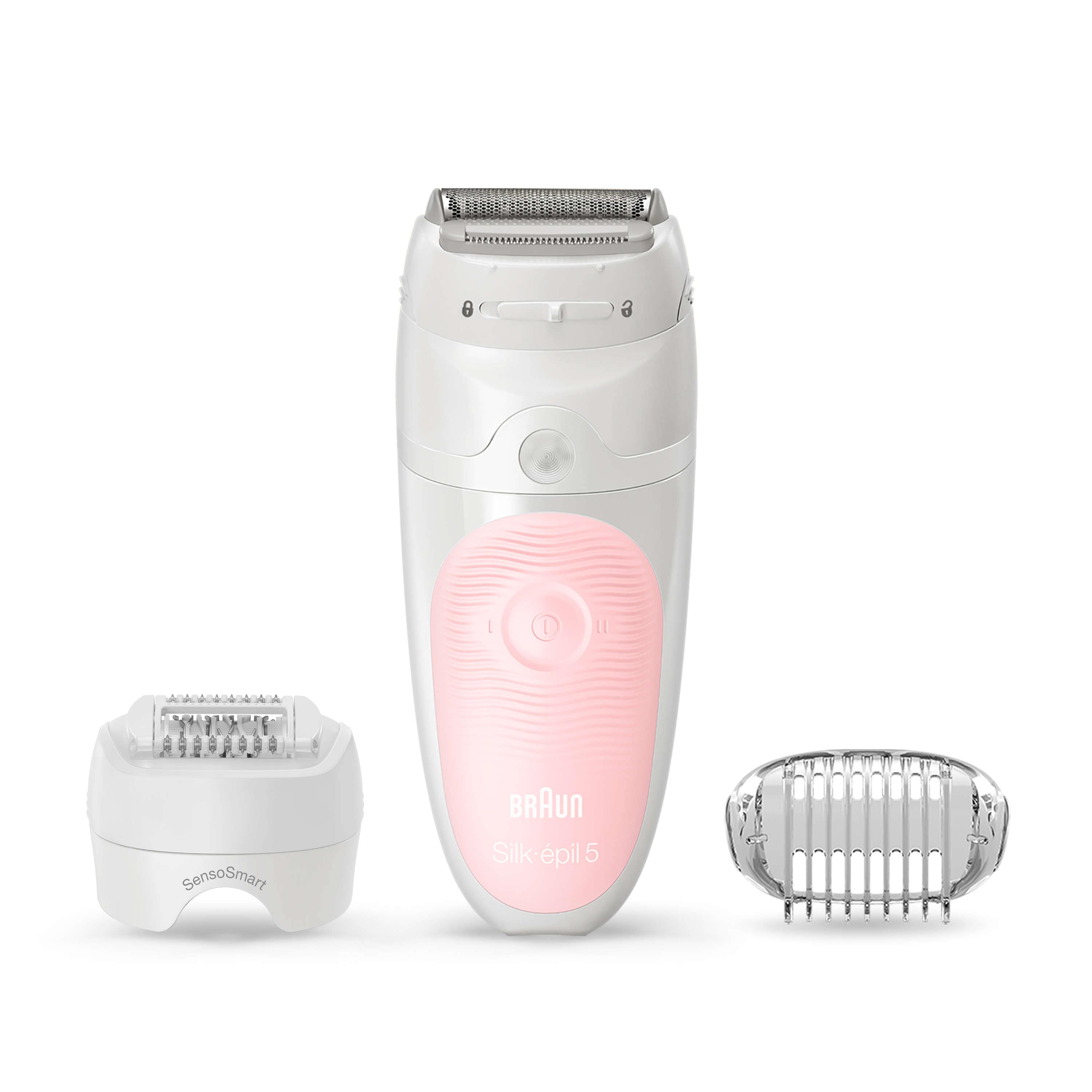 Braun Silk-épil 5 Epilierer mit Aufsätzen. Weißes und rosa Gehäuse, Aufsätze daneben.