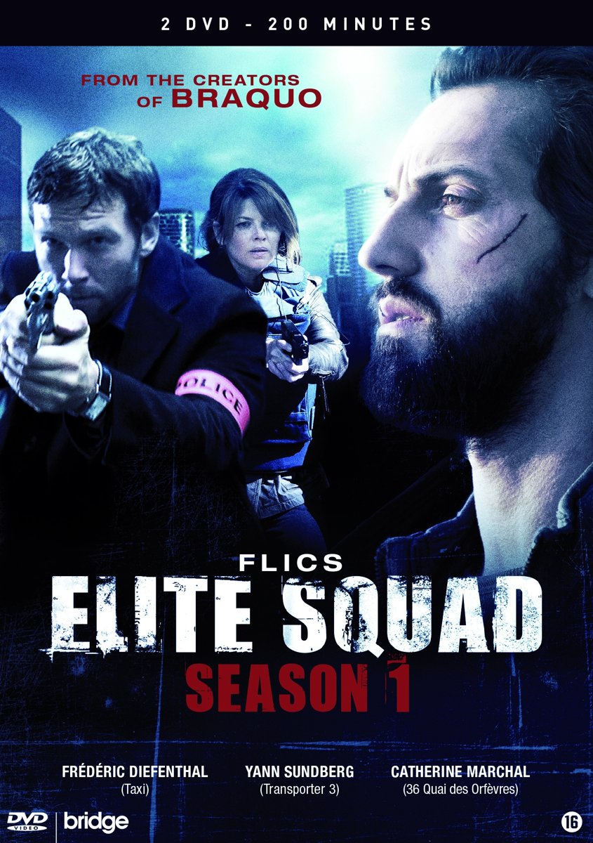 Affiche du film 'FLICS ELITE SQUAD SEASON 1' avec trois acteurs tenant des armes.