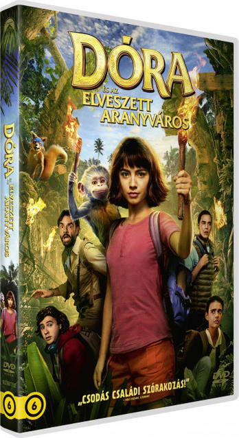A Dora és az elveszett aranyváros című film DVD-borítója, Dorával, aki fáklyát tart.