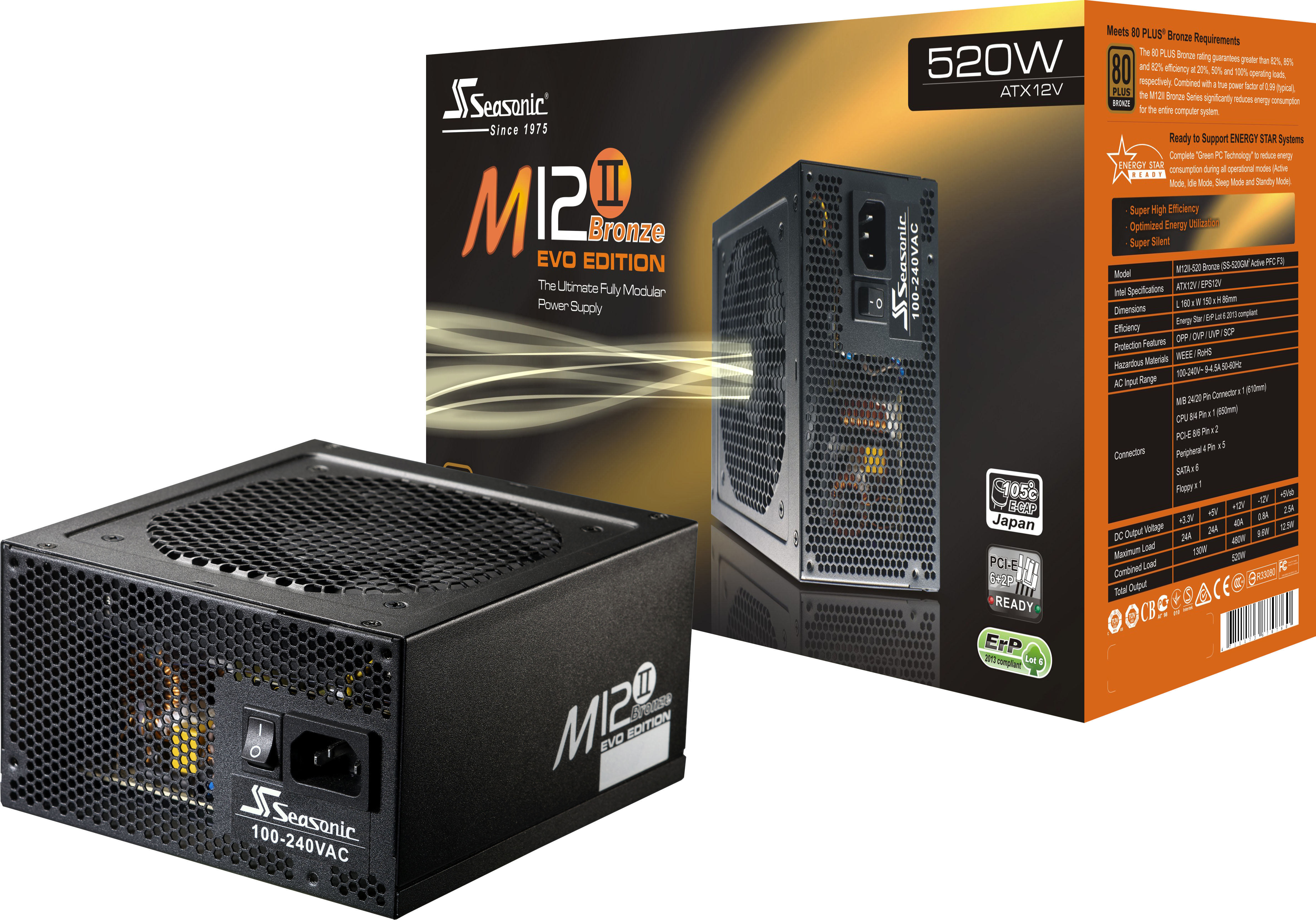SEASONIC M12II 520 Evo PC-Netzteil 520 Watt N 61000-3-2 FCC FIMKO GOST NEMKO RoHS SEMKO TUV UL