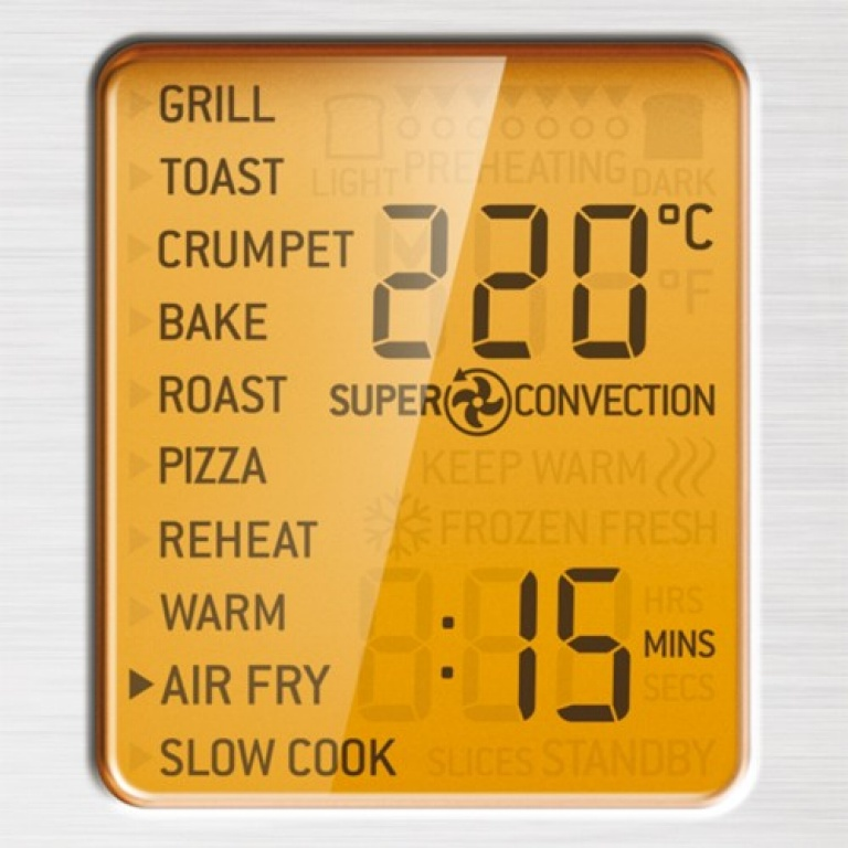 Orangefarbenes Toaster-Ofen-Bedienfeld mit Speiseoptionen und Timer.