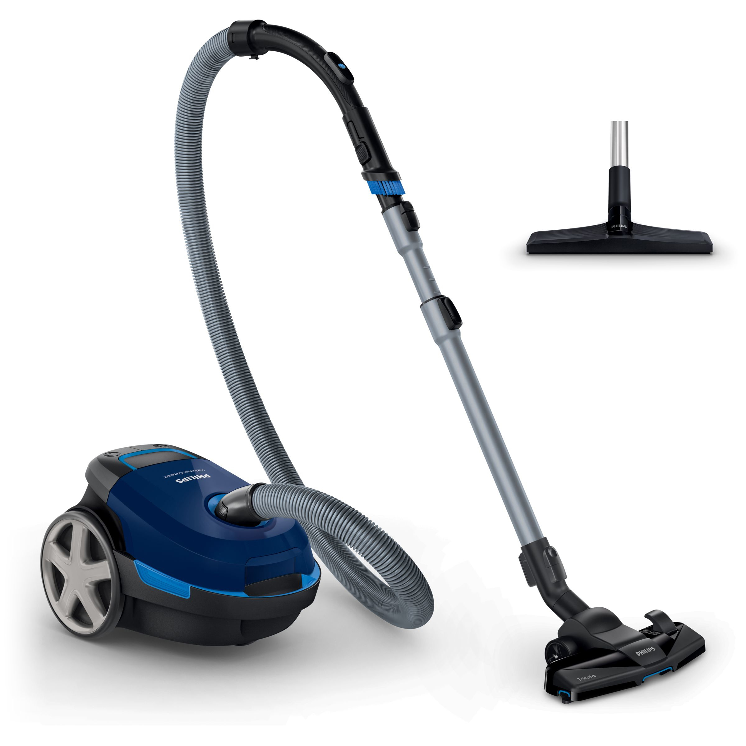 Blauer und schwarzer Philips Staubsauger auf weißem Hintergrund. Enthält Schlauch, Aufsätze und Räder.