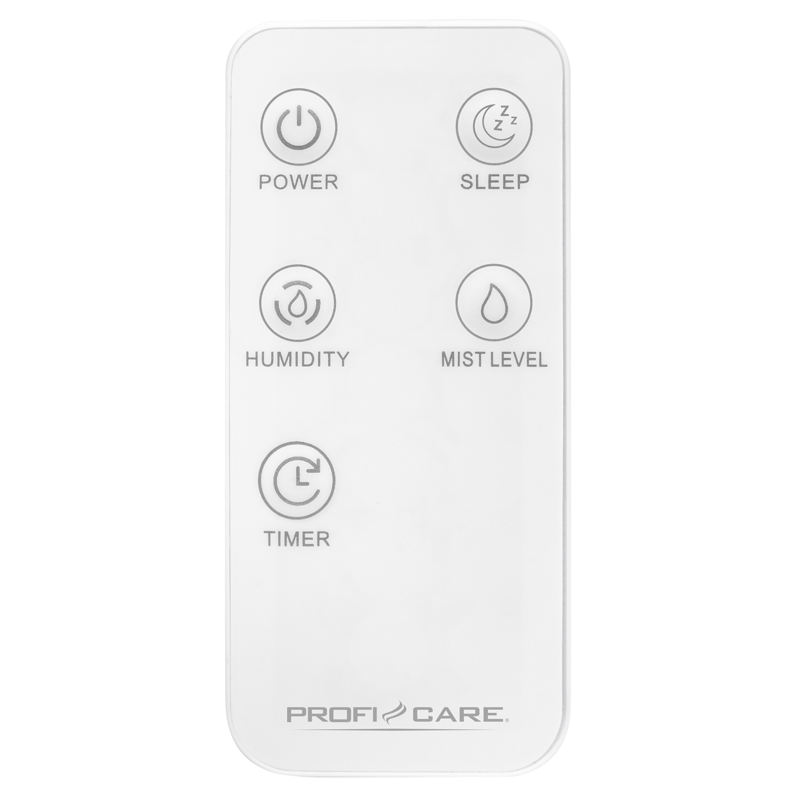 Eine weiße Fernbedienung mit den Tasten 'POWER', 'SLEEP', 'HUMIDITY', 'MIST LEVEL', 'TIMER'.