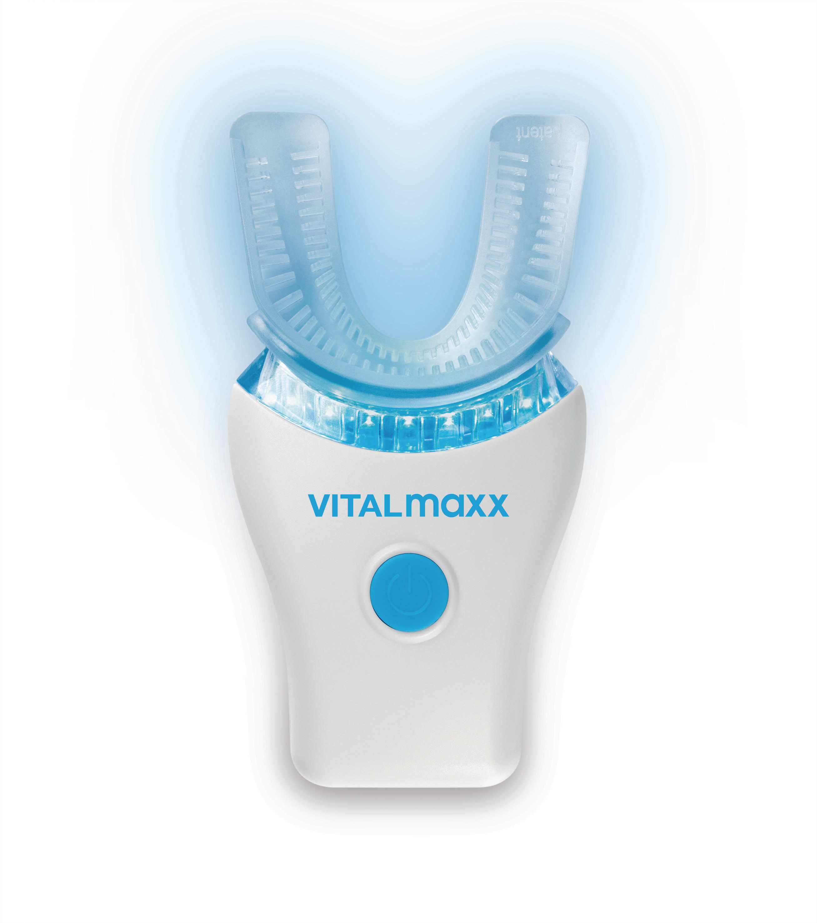Weiße Vitalmaxx U-förmige Zahnbürste mit blauem Licht, Knopf und Text.