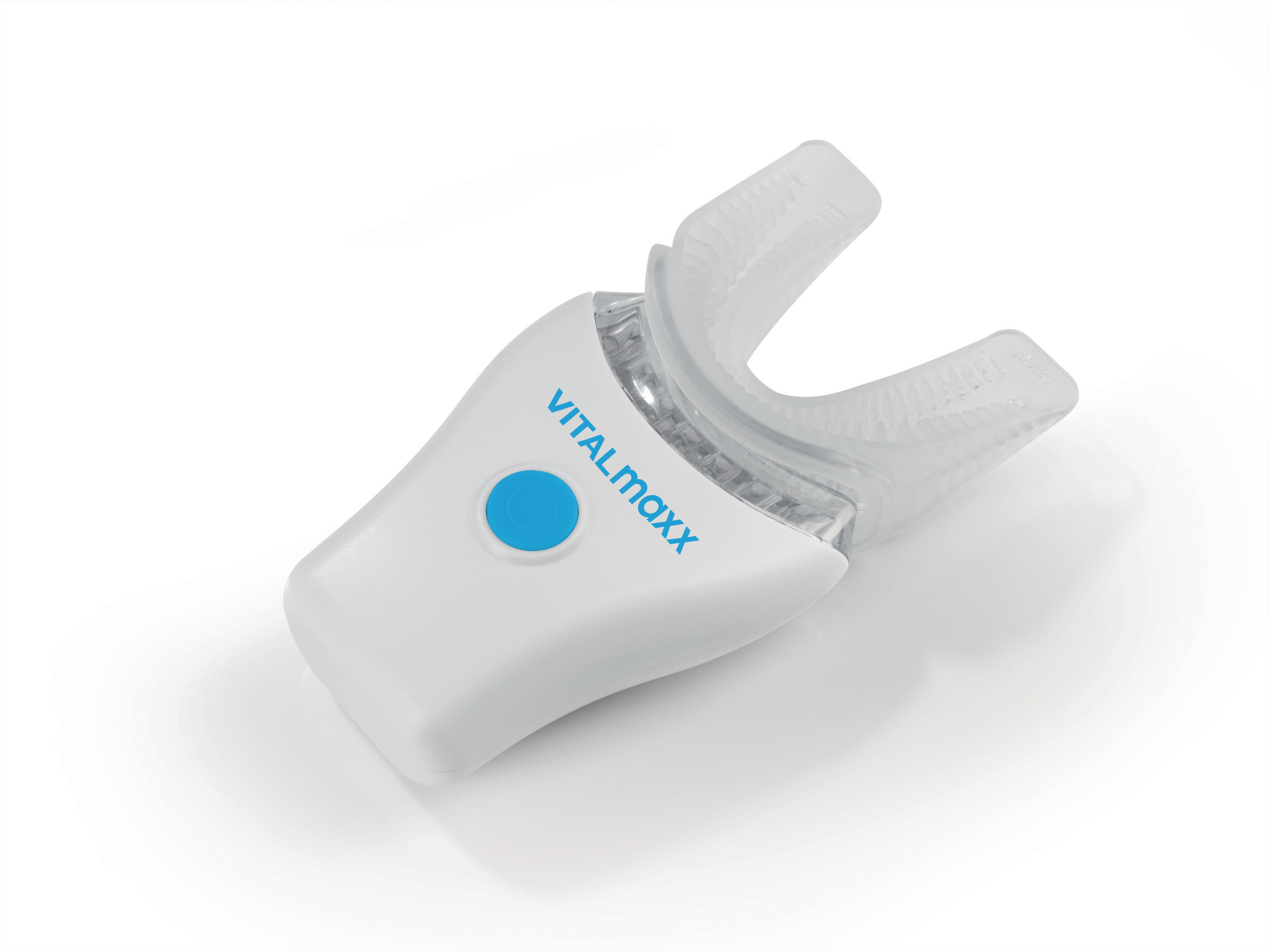 Weiße, U-förmige elektrische Zahnbürste von Vitalmaxx auf weißer Oberfläche.