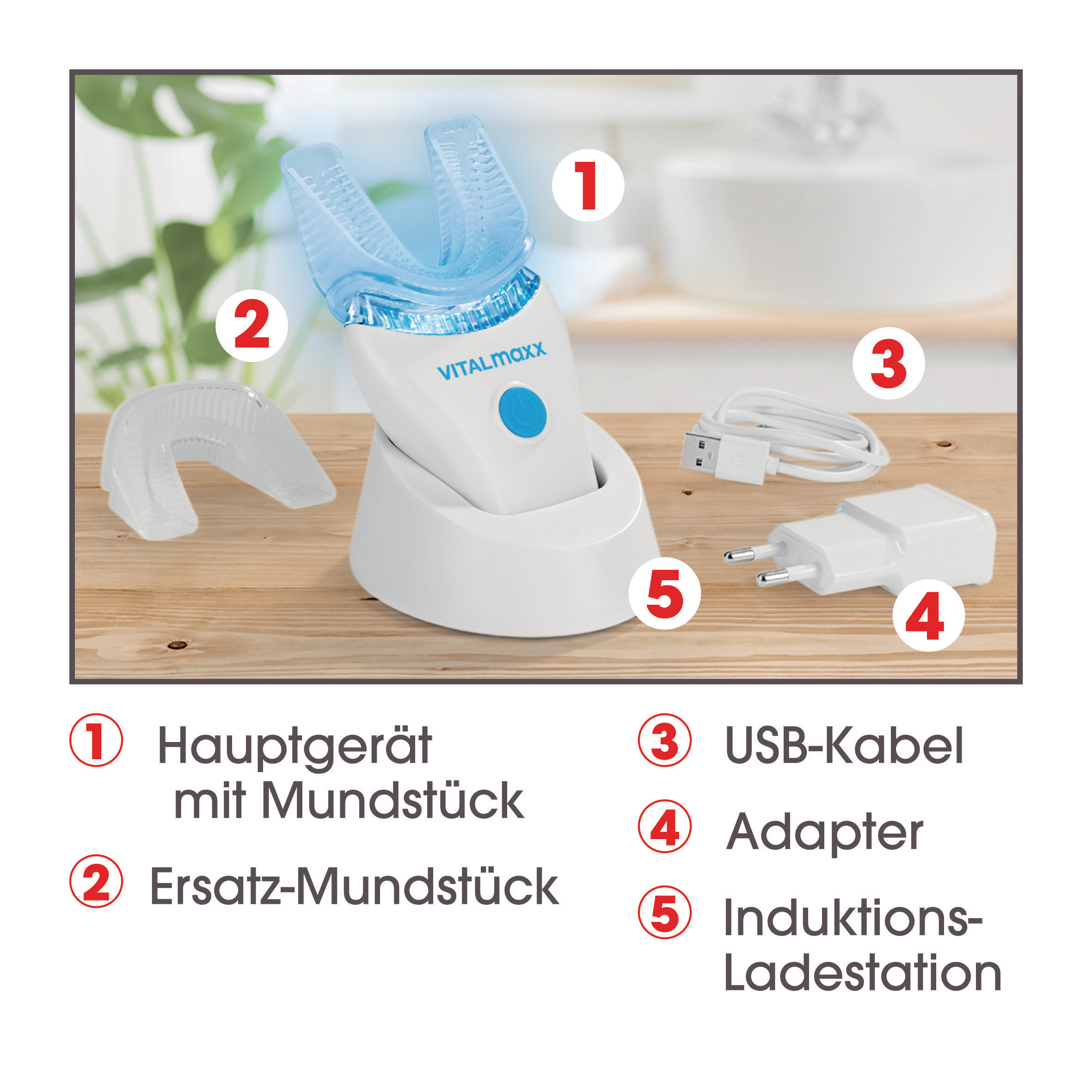 Ein Bild eines Zahnreinigungsgeräts und seiner Komponenten. Weiß, blau und transparent.