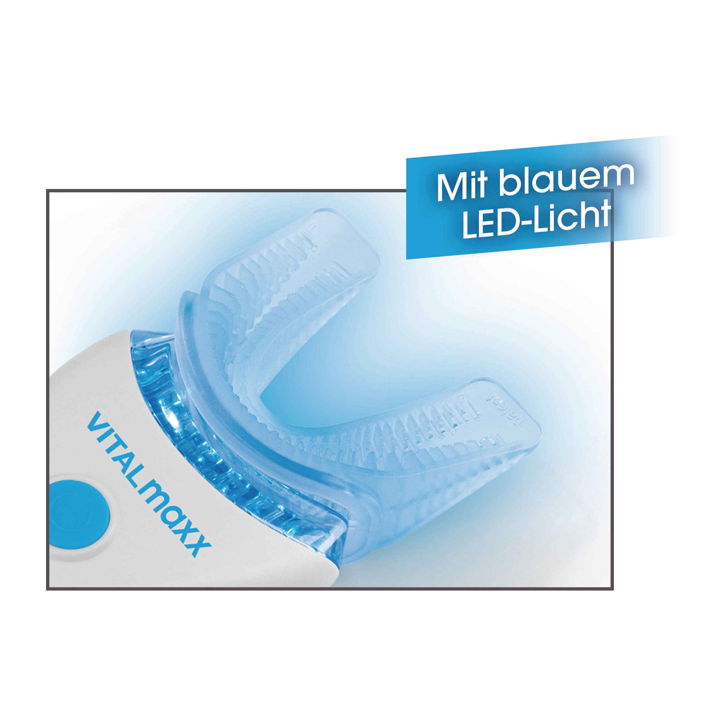 Nahaufnahme eines Zahnaufhellungsgeräts mit blauem LED-Licht. Das Gerät ist weiß und trägt den Markennamen VITALMAXX.