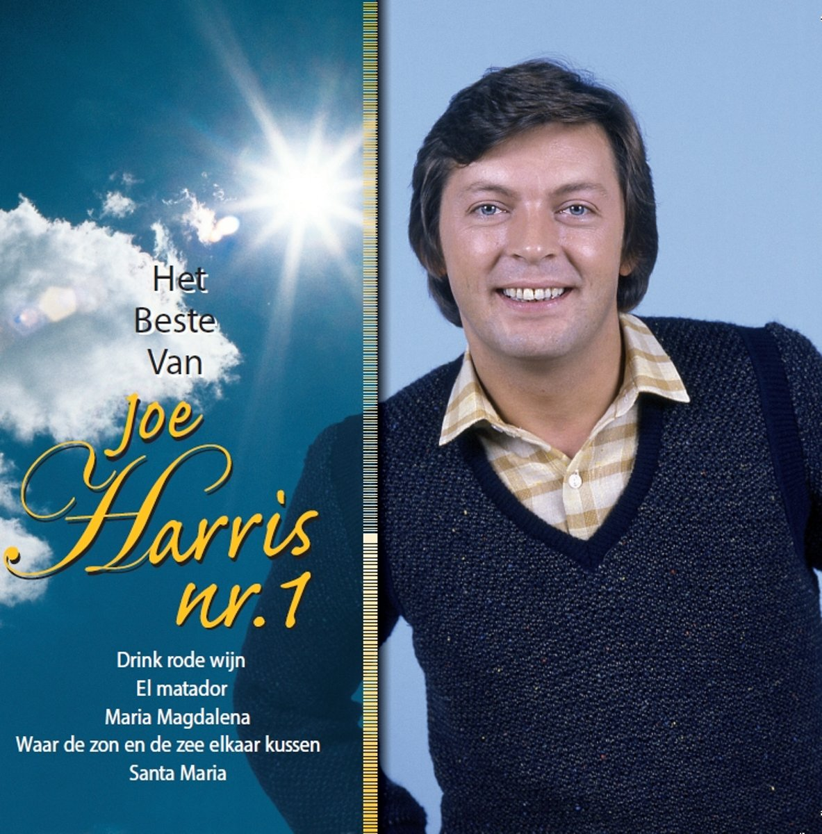 Pochette d'album de Joe Harris. Homme souriant en pull bleu. Soleil en arrière-plan.