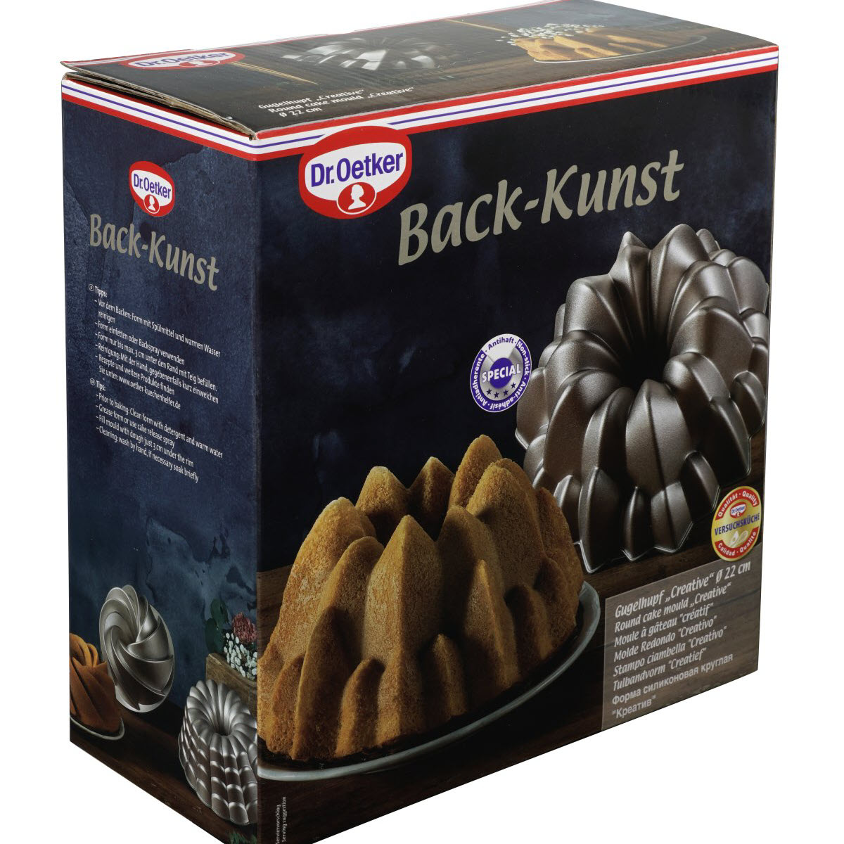 Schachtel von Dr. Oetker Back-Kunst mit Kuchenform. Kuchen in Form und fertige Kuchen werden angezeigt.