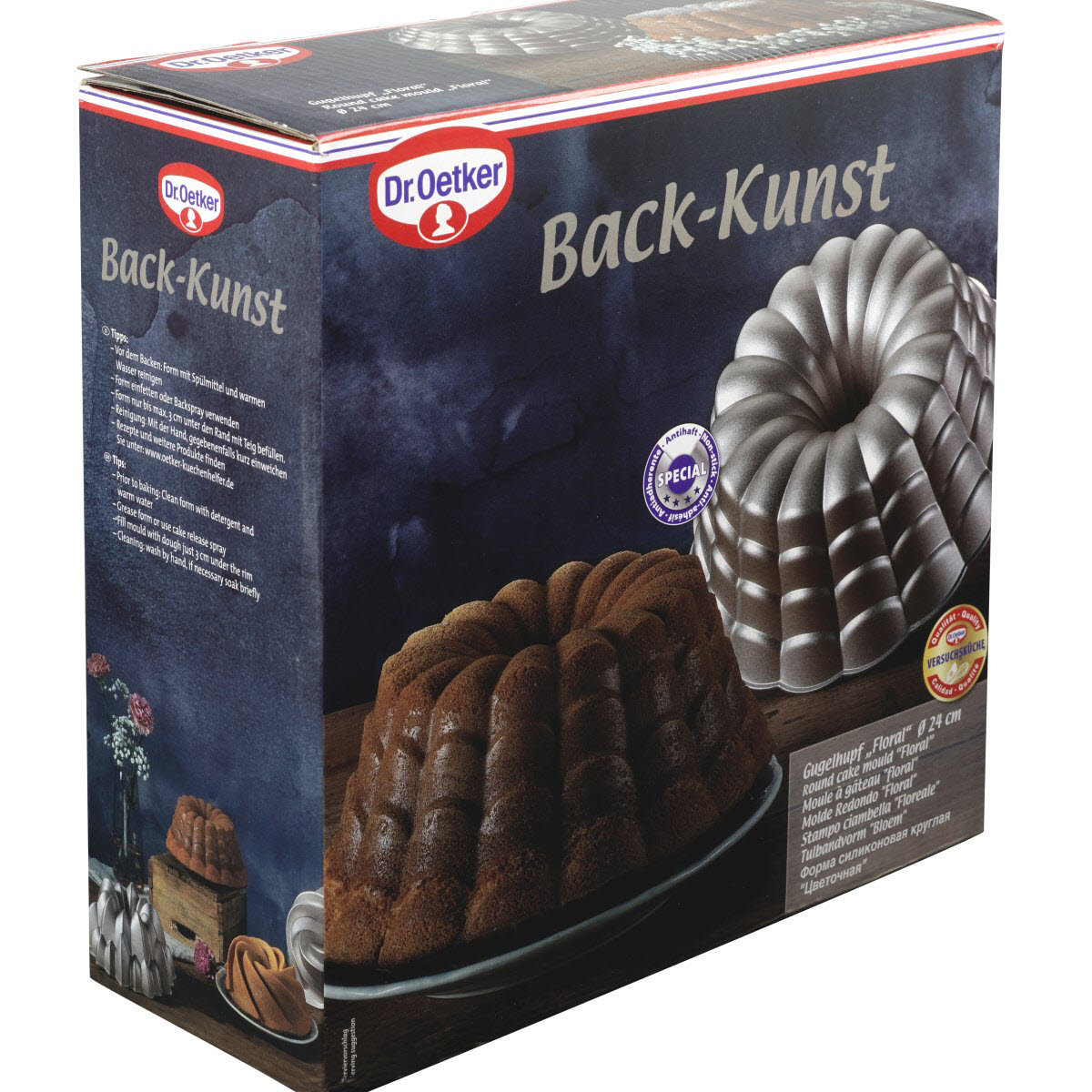 Schachtel mit Gugelhupf und Backform, Marke Dr. Oetker, dunkelblauer Ton.