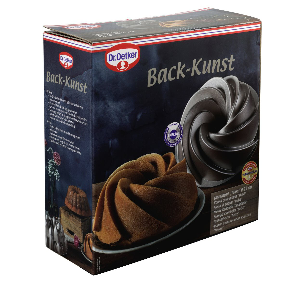 Dr. Oetker Back-Kunst Kuchenmischungsbox, zeigt einen gebackenen Kuchen in einer Twistform.