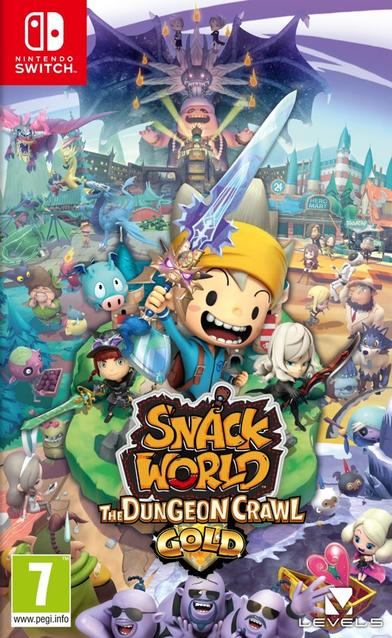 Game cover voor Snack World: The Dungeon Crawl - Gold. Een stripfiguur met zwaard staat in het midden. Andere personages en gebouwen omringen.