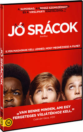 A 'Jó srácok' című film borítója. Három fiú felfelé néz, piros háttér.