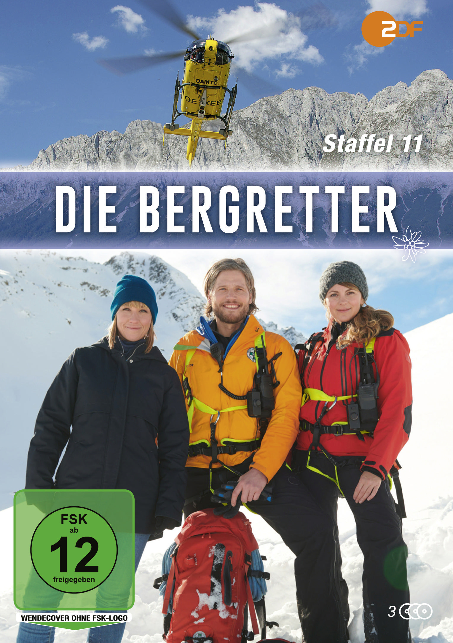 DVD-Cover: drei Personen in Winterausrüstung, Hubschrauber, Berge und Titel: Die Bergretter.