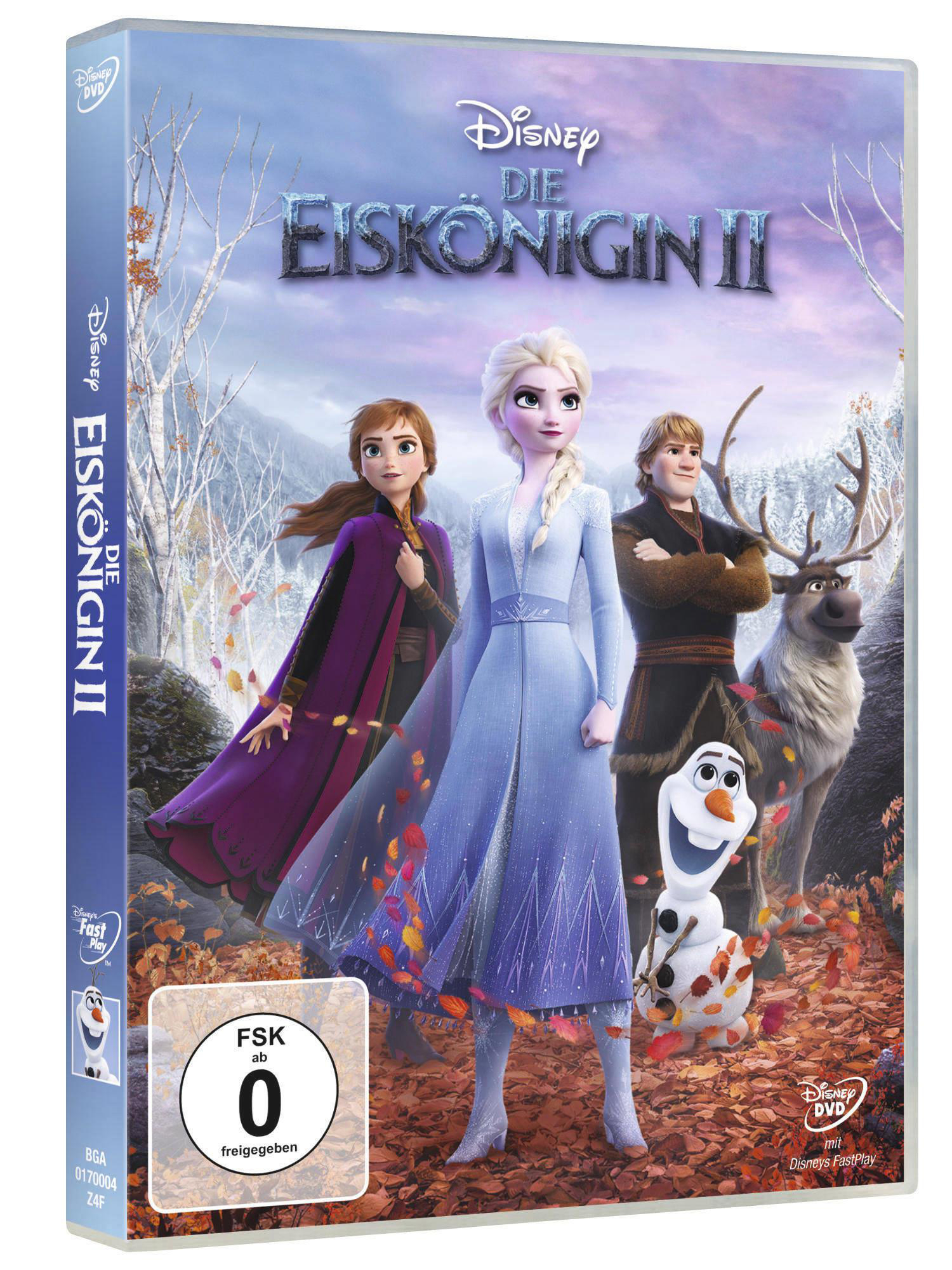 Frozen 2 DVD-Cover. Elsa, Anna, Kristoff, Sven und Olaf sind auf dem Cover.