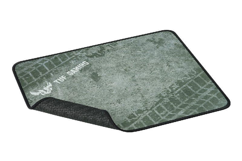 Una alfombrilla de ratón para juegos gris y verde. La alfombrilla de ratón dice TUF GAMING y tiene una superficie texturizada.