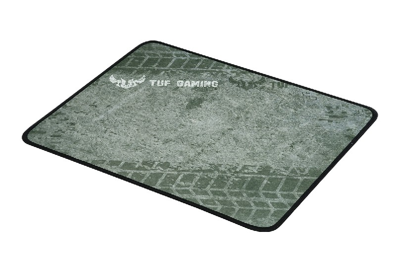 Alfombrilla de ratón con superficie gris, logotipo TUF GAMING y diseño de huellas de neumáticos.