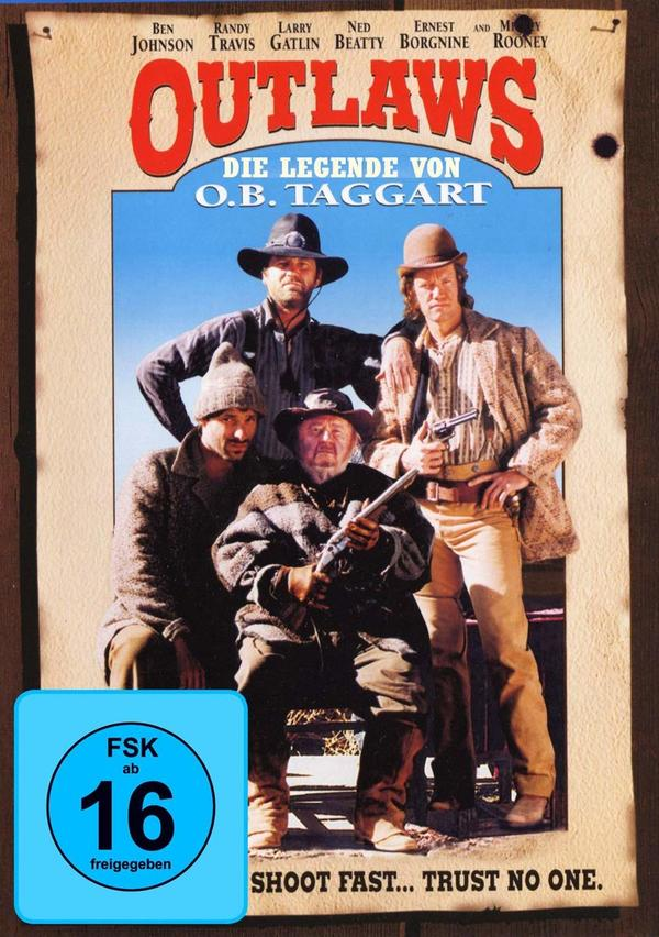 Filmcover mit vier Männern in Cowboyhüten, Waffen und Titel: Outlaws, mit blauem Himmel im Hintergrund.