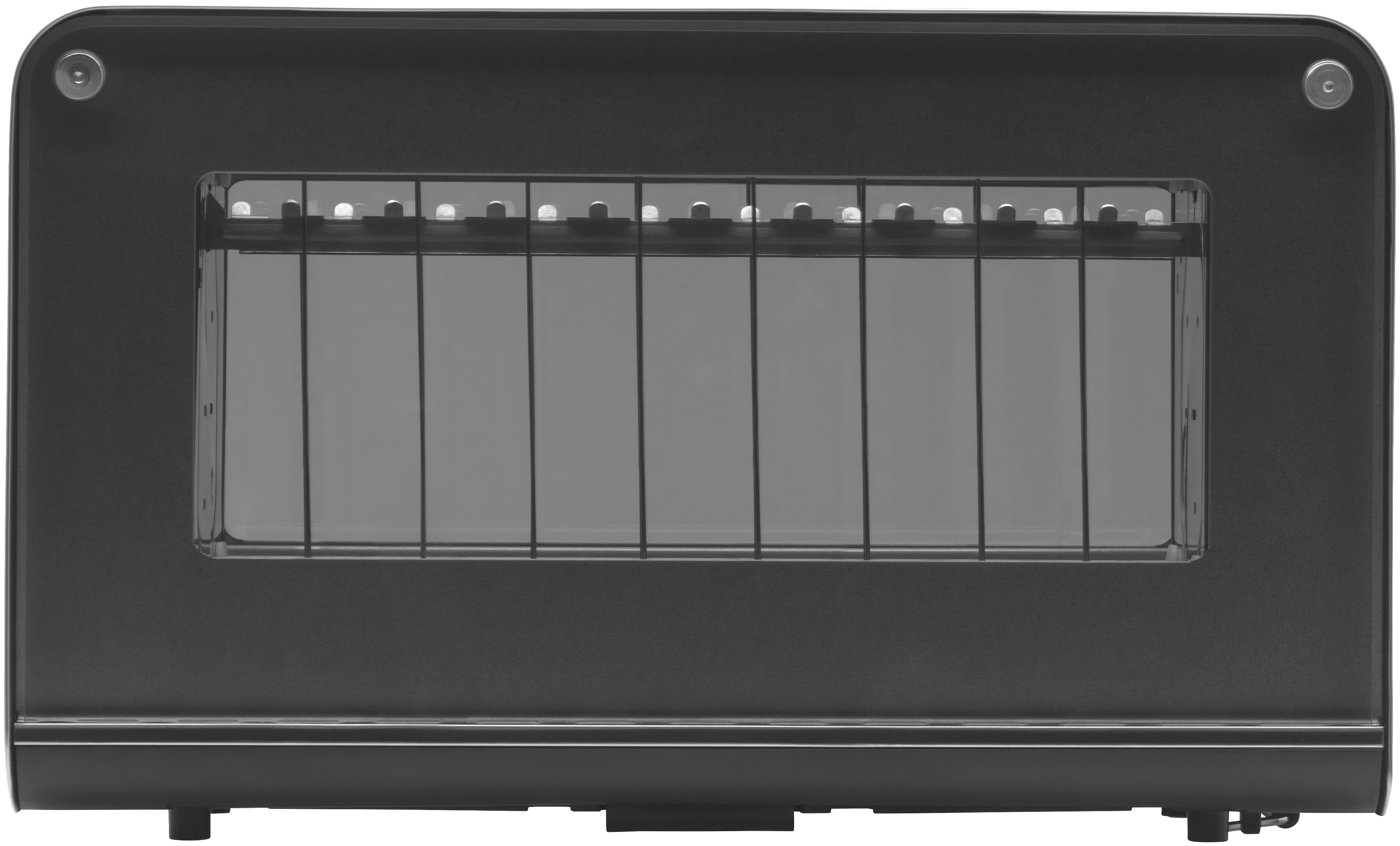 Ein schwarzer elektrischer Kamin mit Glasfront.