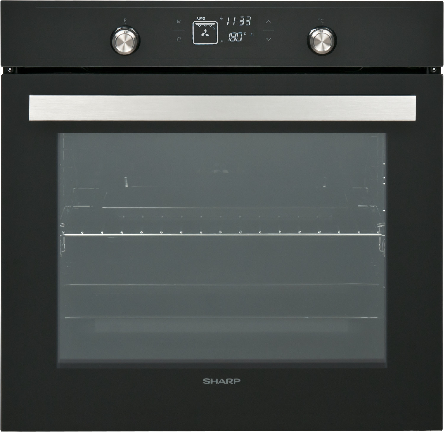 Zwarte SHARP oven. Glazen deur, knoppen bovenop en digitaal display. Toont 180 graden en tijd.