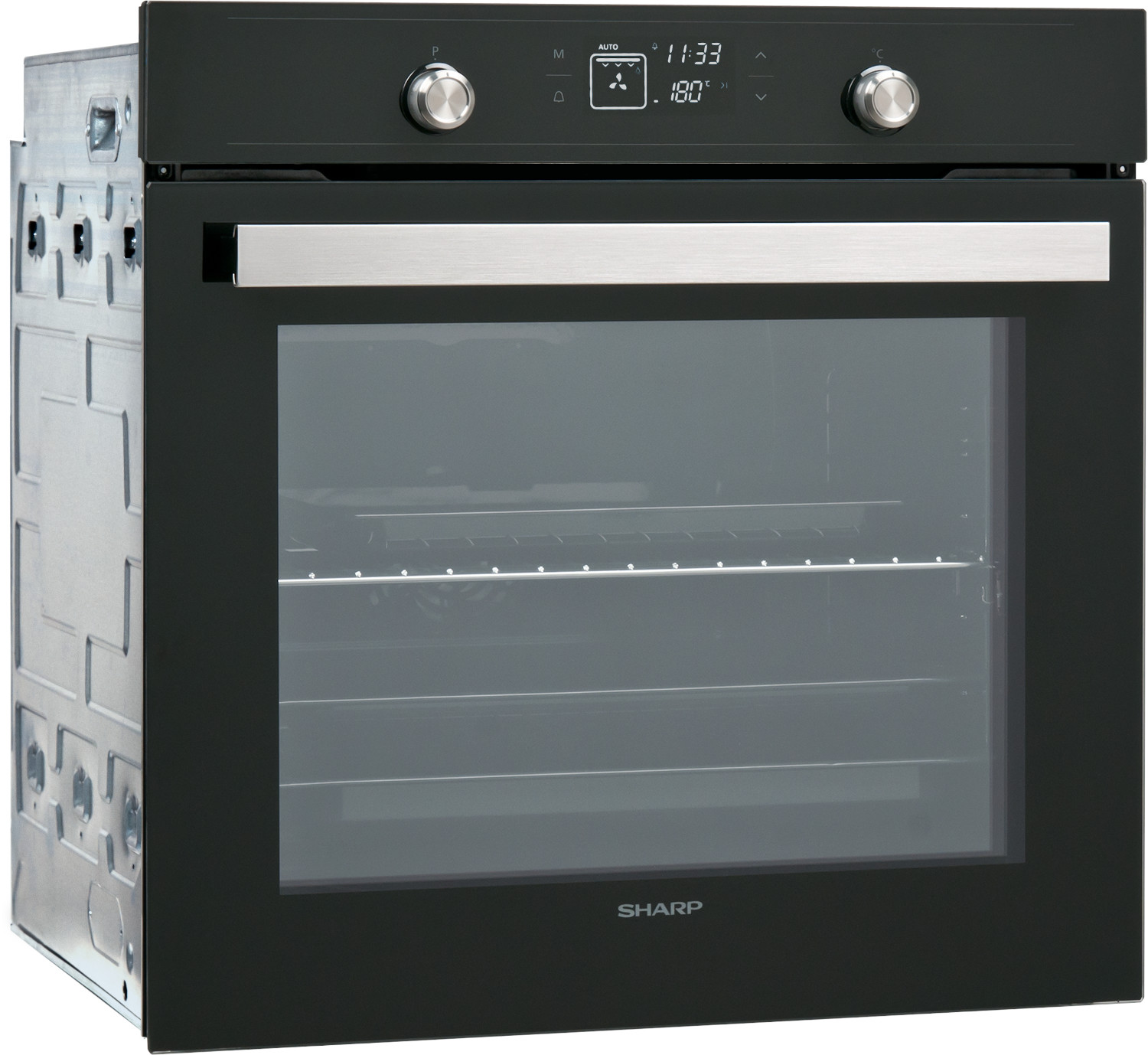 Zwarte Sharp oven met digitaal display, bediening en een glazen deur.