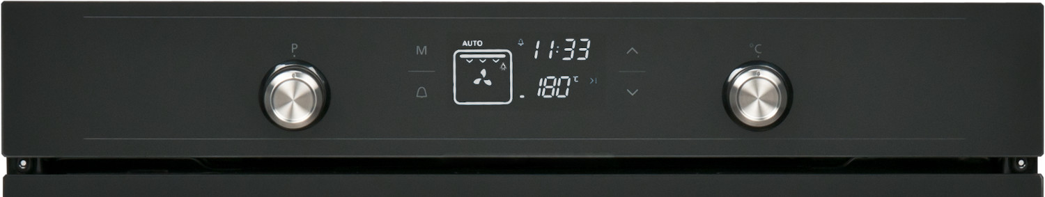 Zwart ovenbedieningspaneel met digitale weergave van tijd en temperatuur, en knoppen.