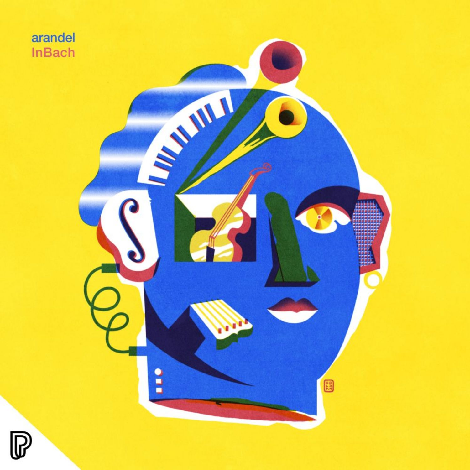 Visage d'art abstrait avec des instruments de musique et fond jaune.