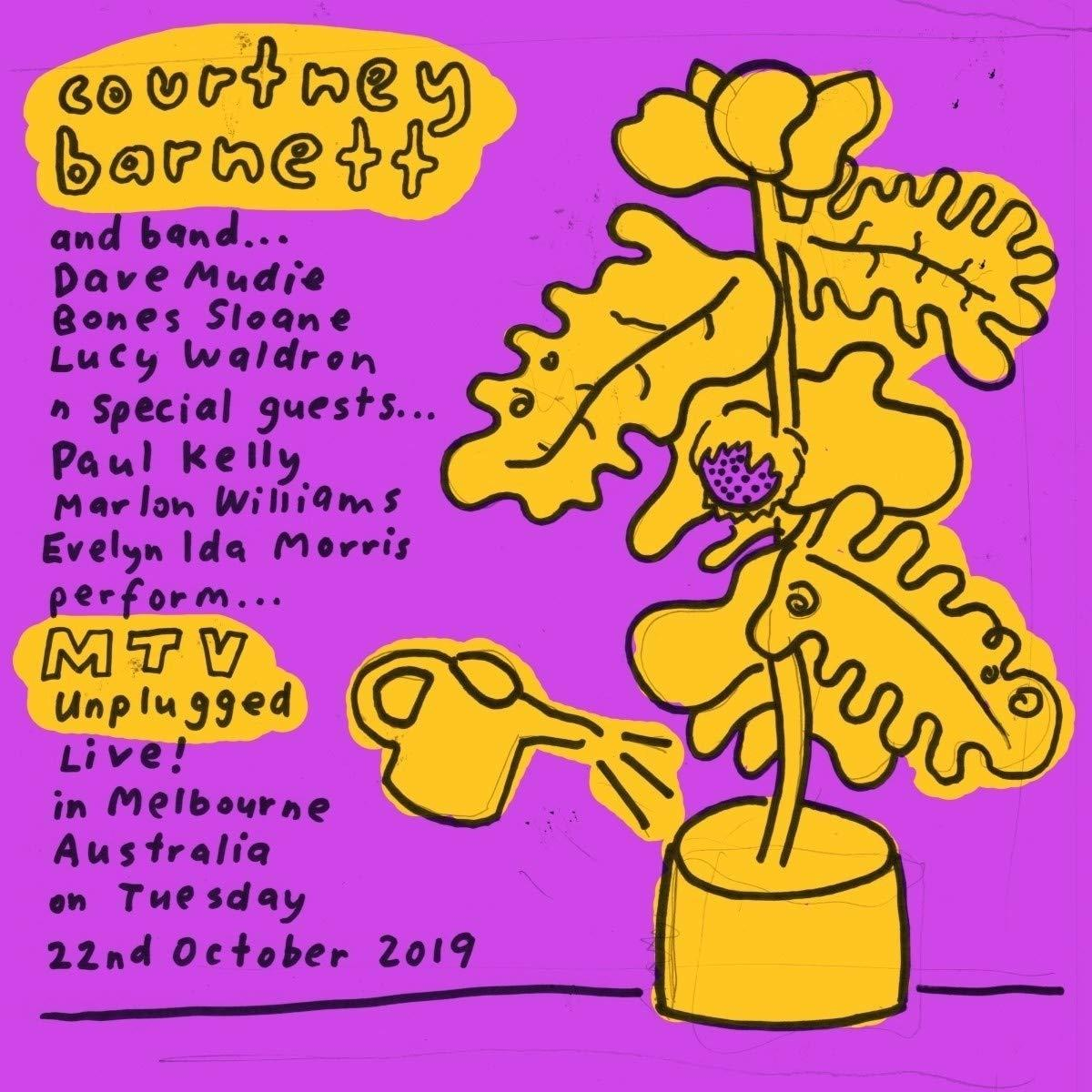 Une affiche dessinée à la main. Nom de Courtney Barnett, membres du groupe et détails sur le spectacle.