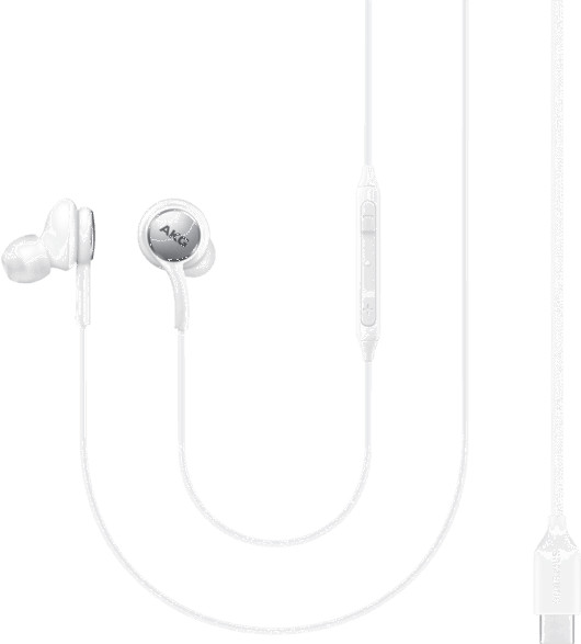Écouteurs AKG blancs avec contrôle et câble blancs, connectés à USB-C.