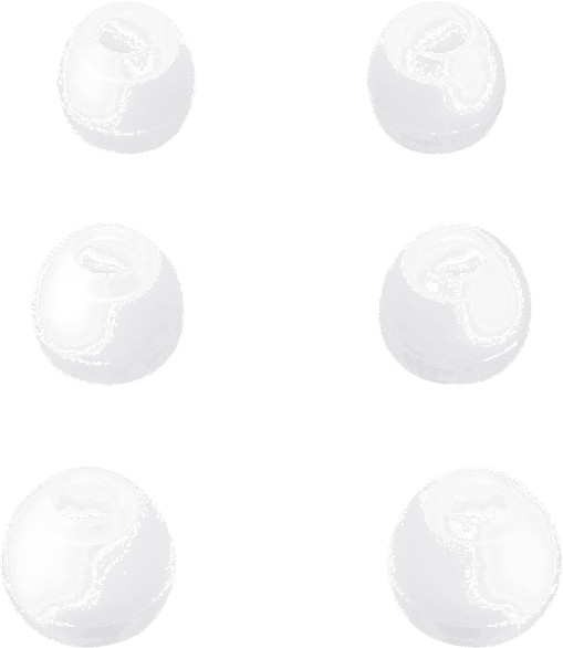 Six sphères de couleur claire sur fond blanc.