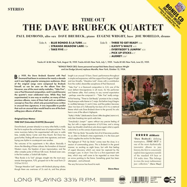 Die Rückseite des Albums Time Out von The Dave Brubeck Quartet.