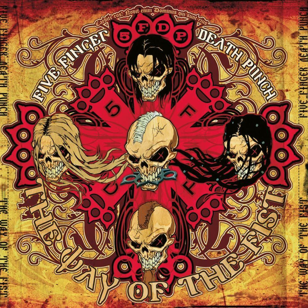 Albumcover von Five Finger Death Punch mit Totenköpfen und zentralem Design.