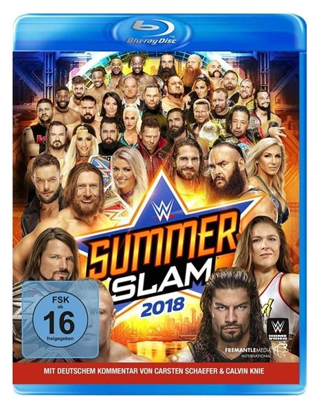 Blu-ray-Cover: WWE SummerSlam 2018, mit Wrestlern und Eventdetails, blauer Hintergrund.