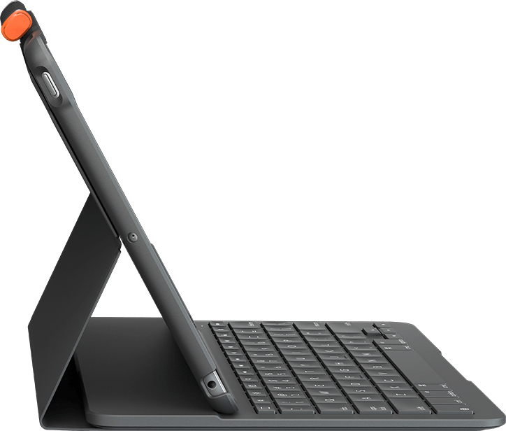 Tablet su custodia con tastiera, puntellato. Accento arancione sulla custodia.