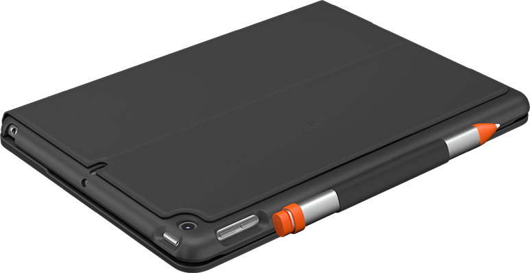 Una custodia per iPad Logitech nera con una penna stilo con punta arancione attaccata.