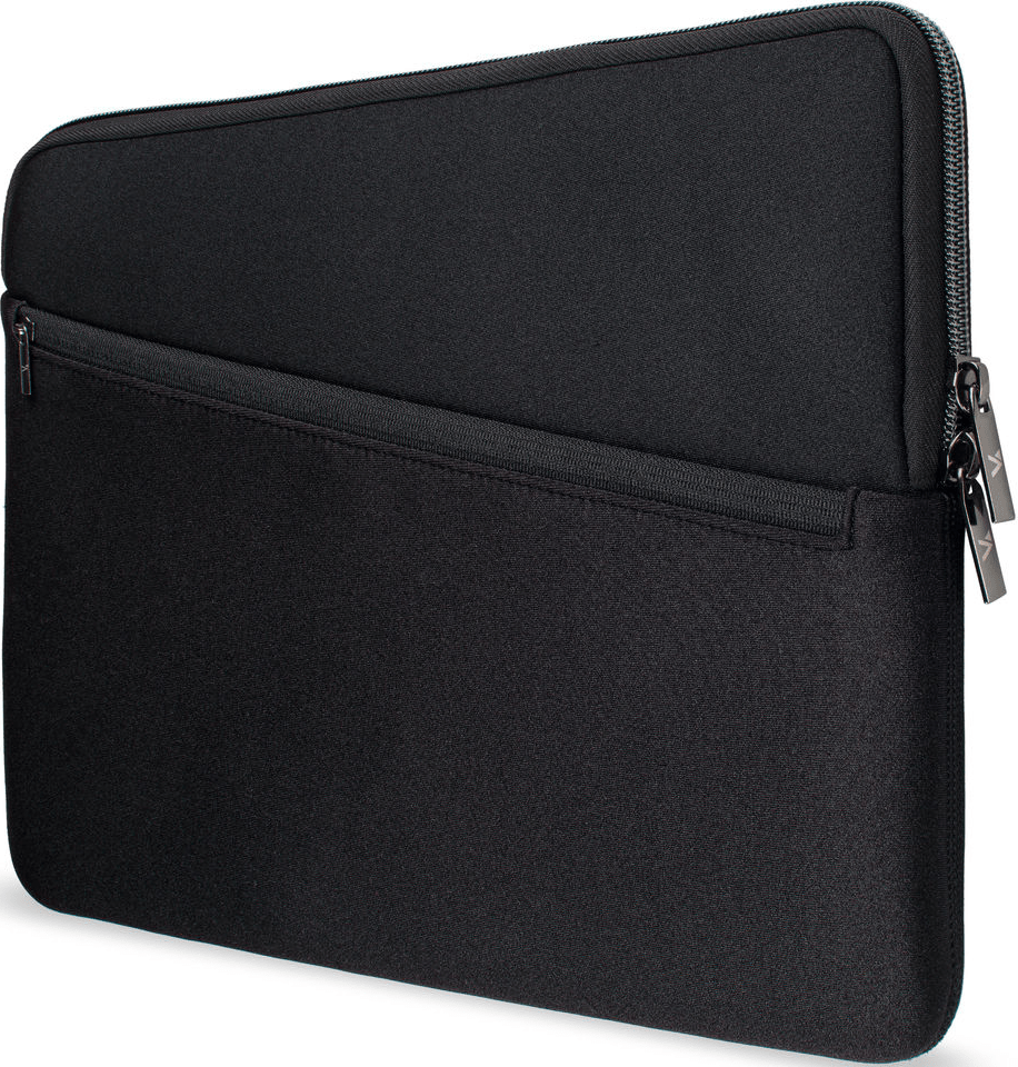 Housse d'ordinateur portable noire avec poche avant et fermeture éclair.