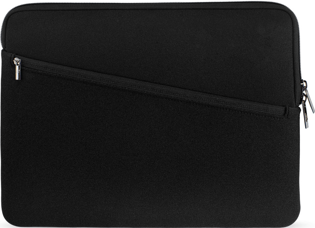 Housse d'ordinateur portable noire avec fermeture éclair et poche.
