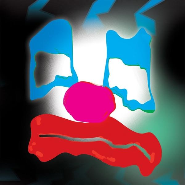 Visage de clown abstrait avec des yeux bleus, un nez rose et une bouche rouge.
