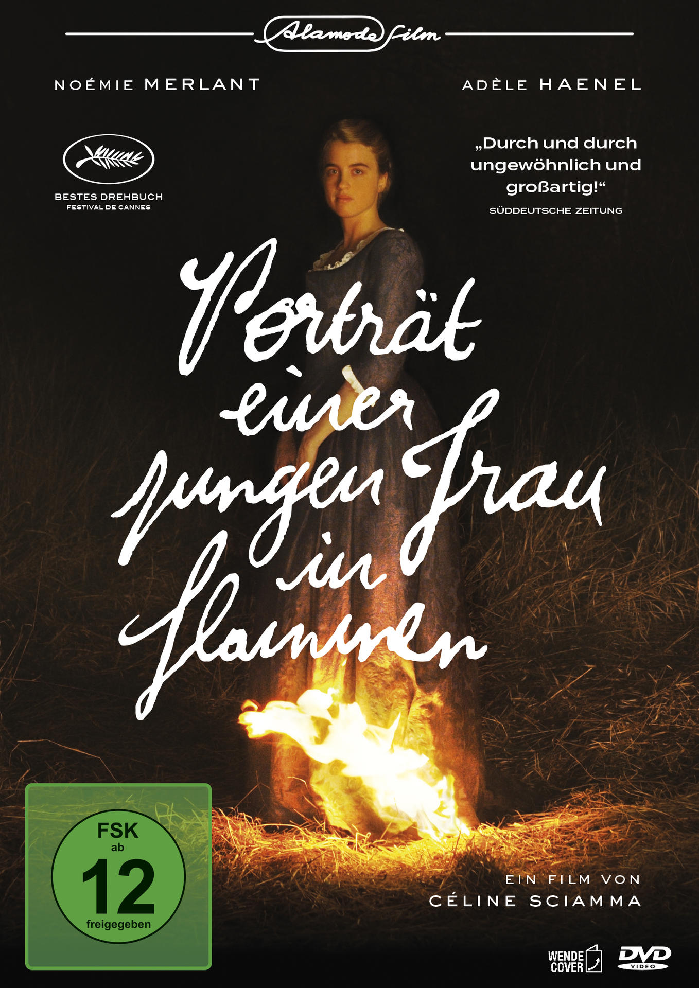 DVD-Cover. 'Porträt einer jungen Frau in Flammen'. Frau im Kleid steht vor Flammen. Französischer Text.
