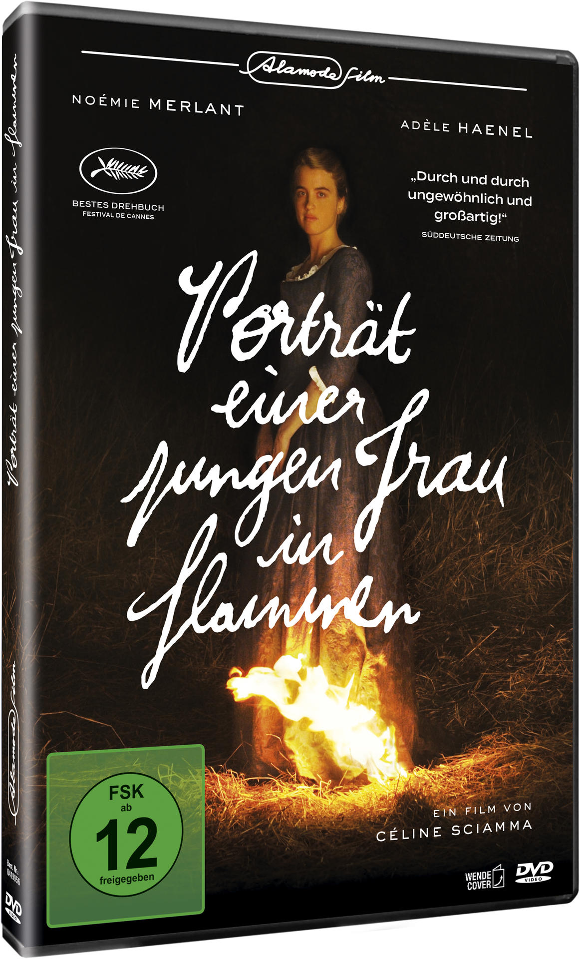 DVD-Cover mit französischem Titel, einer Frau in einem Kleid und Flammen.
