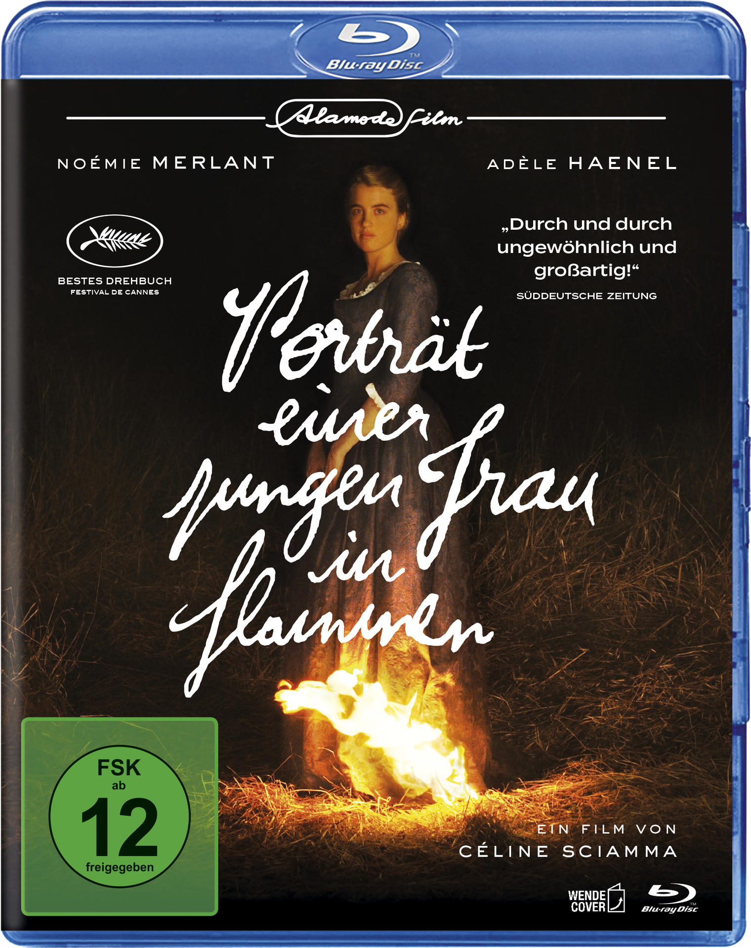 Filmcover: Frau am Feuer, französischer Text 'Portrait einer jungen Frau', Blu-ray Disc.