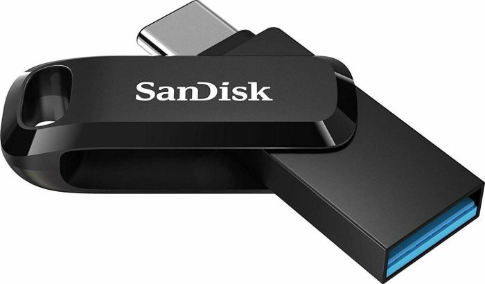 Ein schwarzer SanDisk USB-Stick mit blauem Ende und USB-C-Anschluss.
