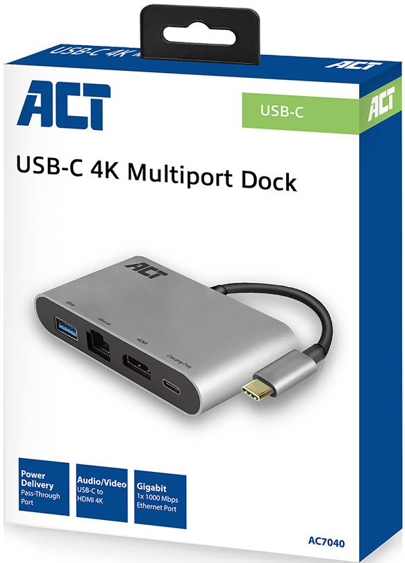 ACT Hub 4K USB-C HDMI USB-A Ethernet USB-C Argenté (AC7040)
