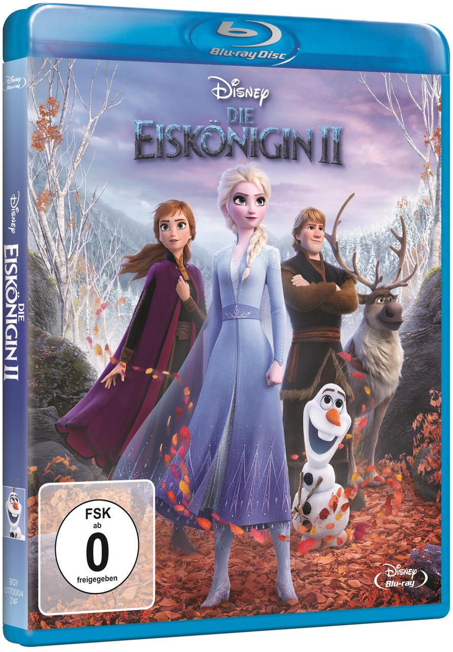 Frozen 2 Blu-ray Cover mit Elsa, Anna, Kristoff, Olaf und Sven im Wald.