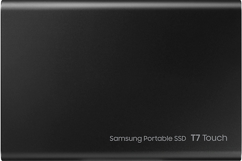 Egy fekete Samsung Portable SSD T7 Touch, a márkanévvel.